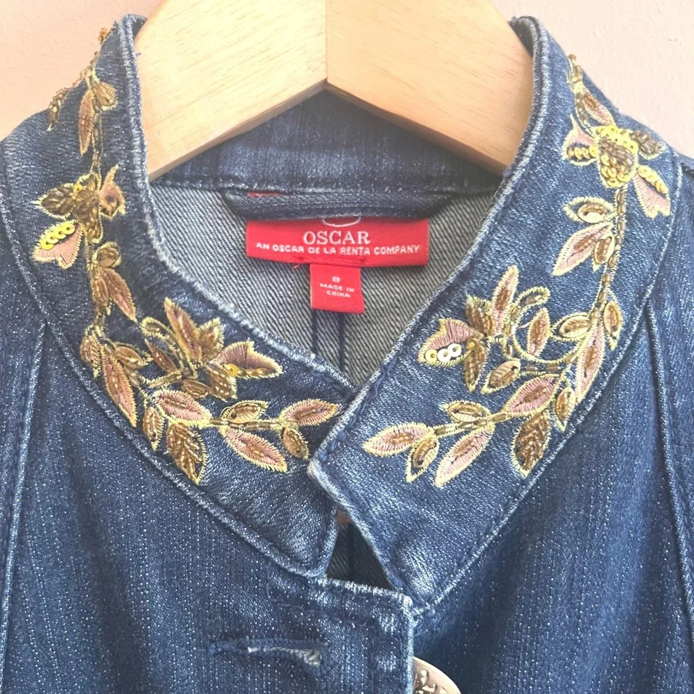 Oscar de la Renta Denim Jacket Embroidered Collar Gold Buttons Blue Womens 8